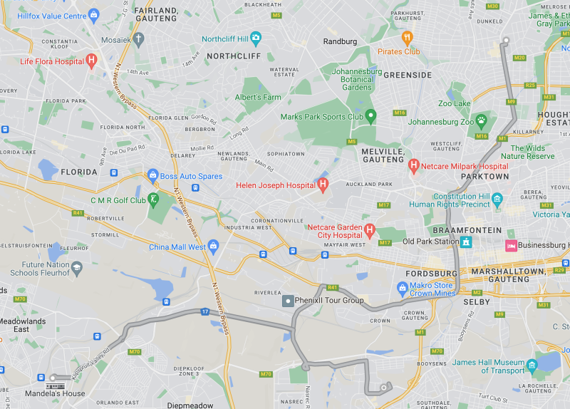 Veilige route in Johannesburg tussen Rosebank, het Apartheidsmuseum en Soweto.